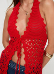 back view of model wearing Princess Polly Bleylack Top Red Sleeveless Plunger 