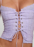 back view of model wearing Princess Polly Amitri Lace Up Top Lilac Sleeveless Plunger 