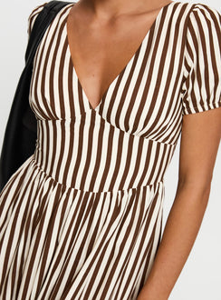 back view of model wearing Princess Polly Collyns Maxi Dress Beige Pinstripe V-Neck 