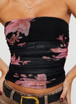 Strapless floral top Inner silicone strip at bust, ruched design, invisible zip fastening at side