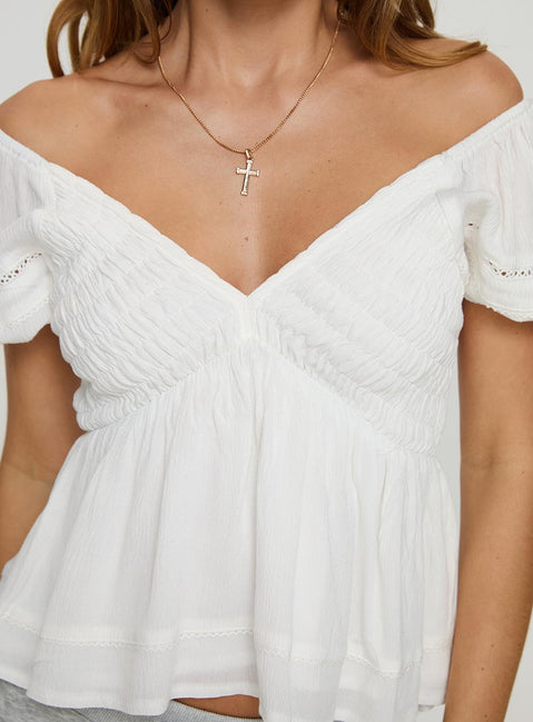 front view of model wearing Princess Polly Gizmo Top White Short Sleeves Plunger 