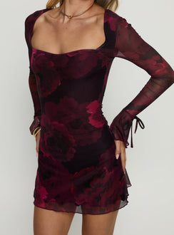 Dalzine Long Sleeve Mini Dress Burgundy Floral