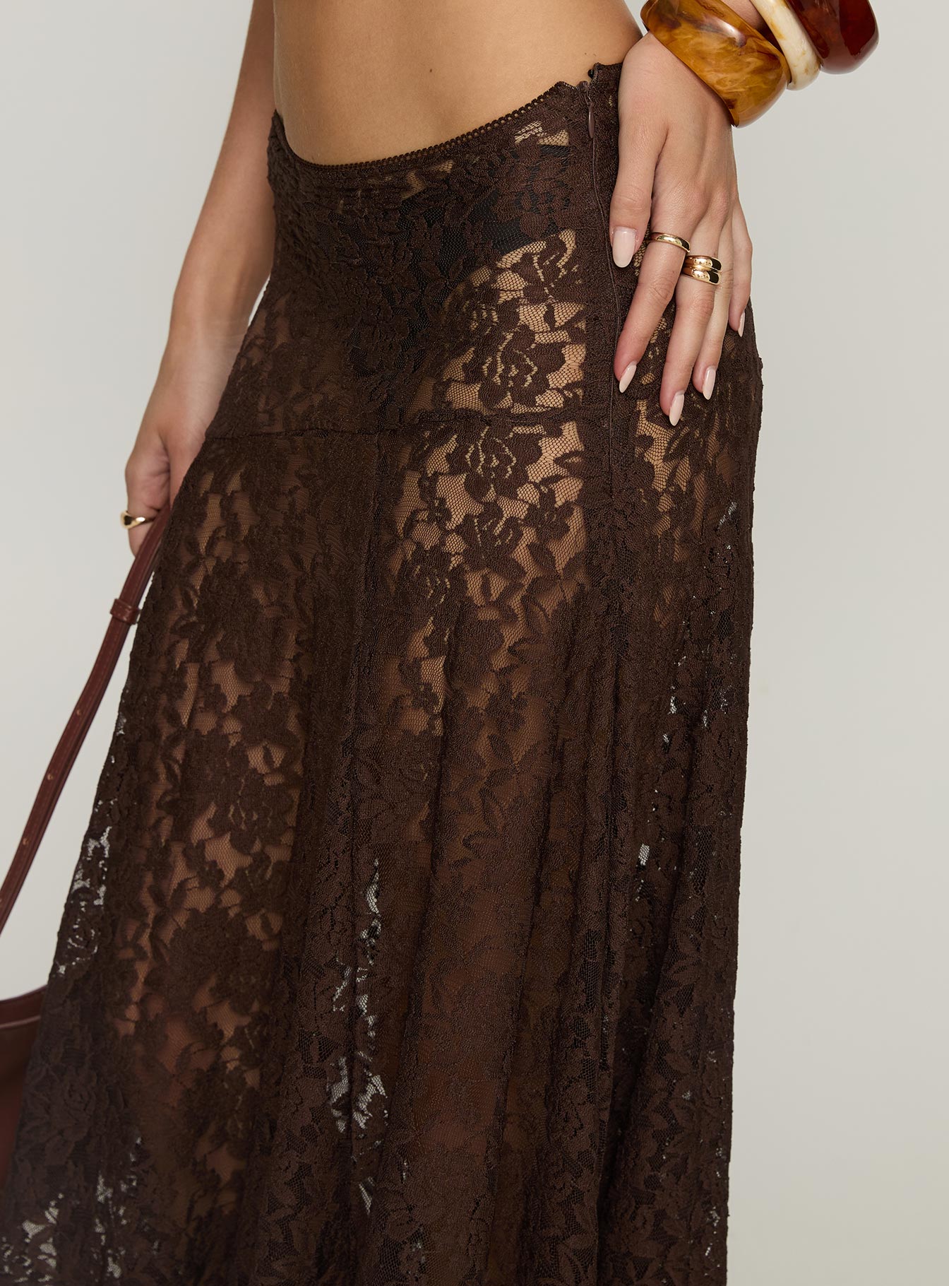 back view of model wearing Princess Polly Tidal Midi Skirt Chocolate 