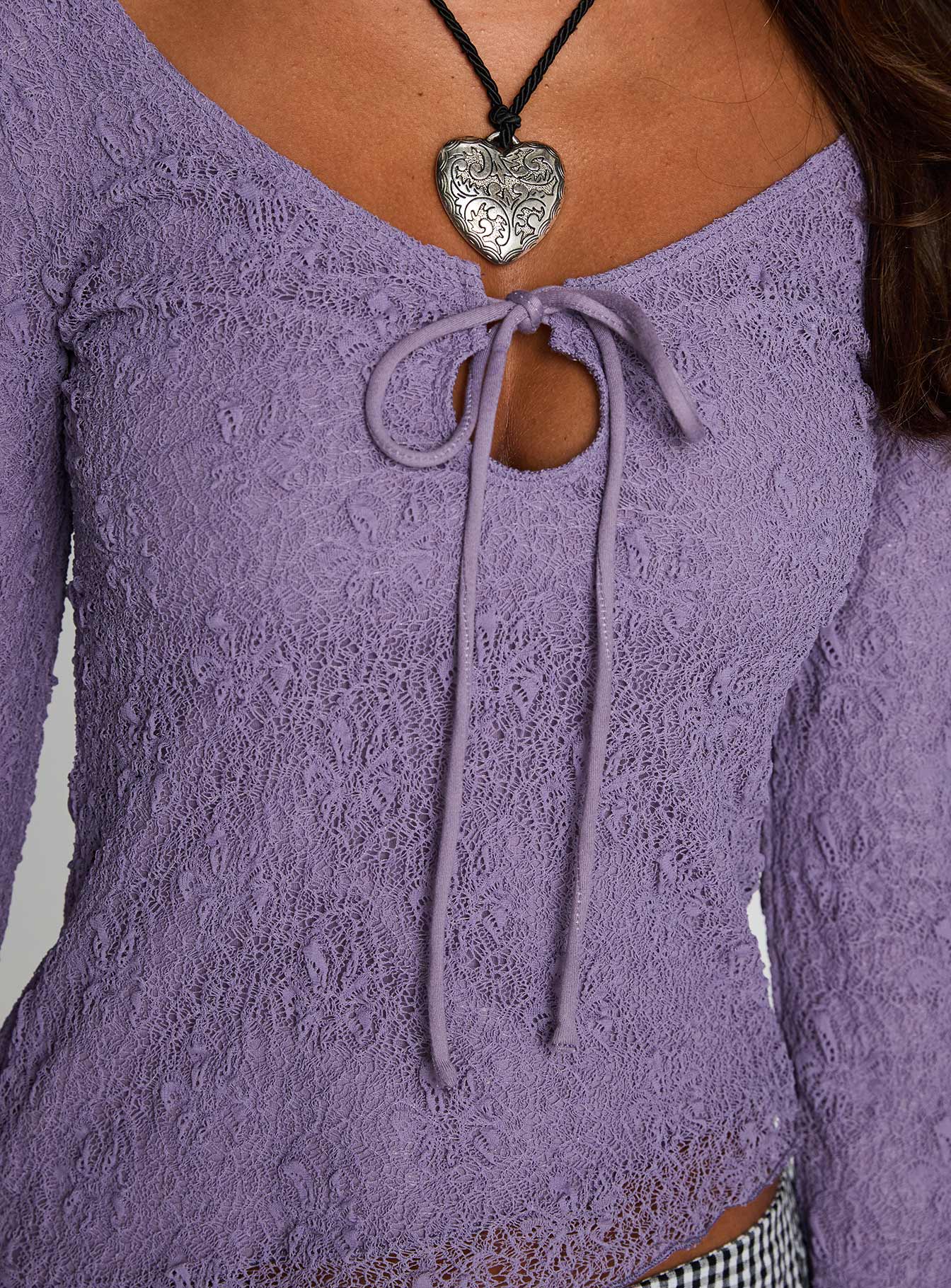 back view of model wearing Princess Polly Hyacinthe Long Sleeve Top Lilac Full Sleeves Scoop Neck 