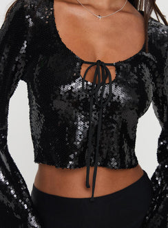 back view of model wearing Princess Polly Zenobia Long Sleeve Sequin Top Black Full Sleeves Scoop Neck 