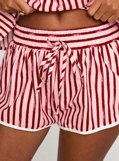 back view of model wearing Princess Polly Your Everything Shorts Pink Stripe High Waisted Shorts 
