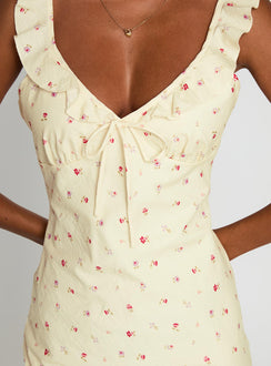 back view of model wearing Princess Polly Tattoo Kisses Frill Mini Dress Floral V-Neck 