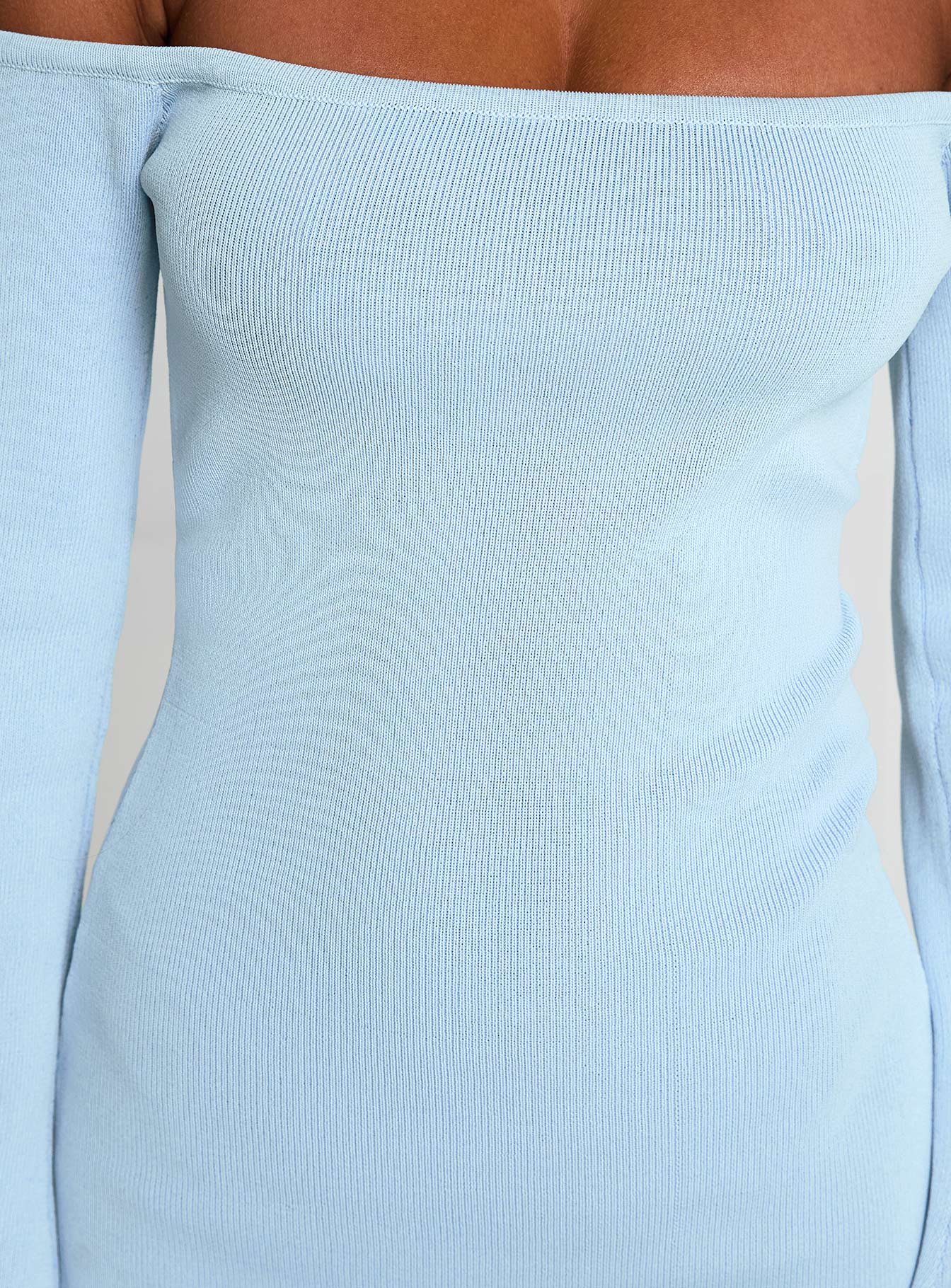 back view of model wearing Princess Polly Parisa Long Sleeve Mini Dress Blue Straight Neck 