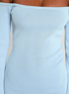 back view of model wearing Princess Polly Parisa Long Sleeve Mini Dress Blue Straight Neck 