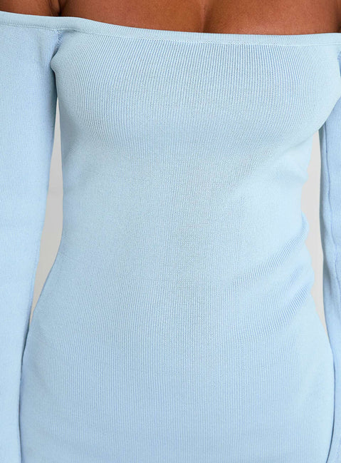 back view of model wearing Princess Polly Parisa Long Sleeve Mini Dress Blue Straight Neck 