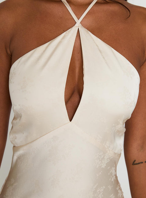 back view of model wearing Princess Polly Limosina Halter Maxi Dress Champagne Plunger 