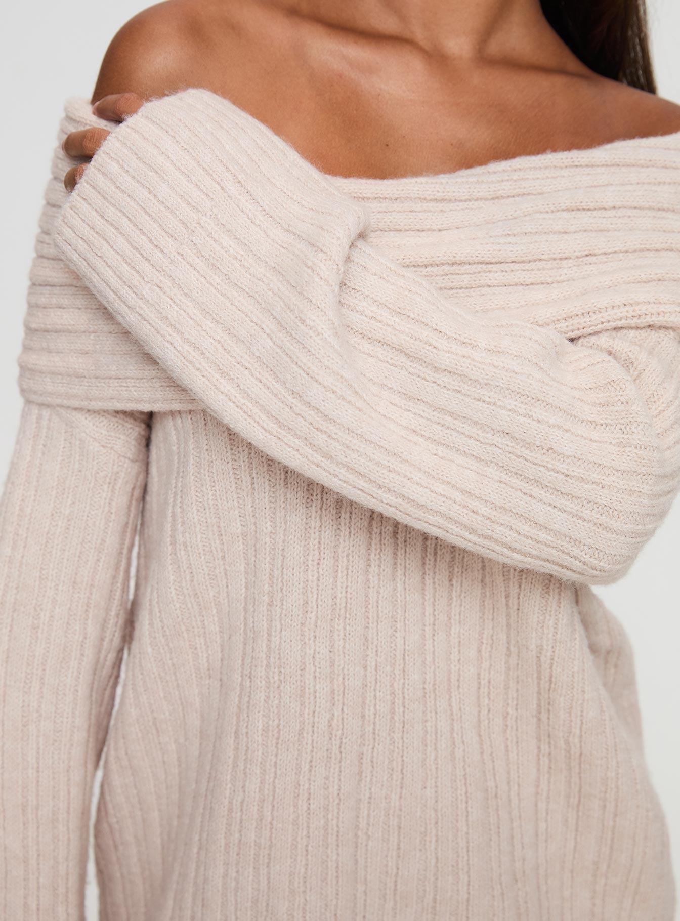 back view of model wearing Princess Polly Mirrelle Off Shoulder Knit Sweater Beige Long 