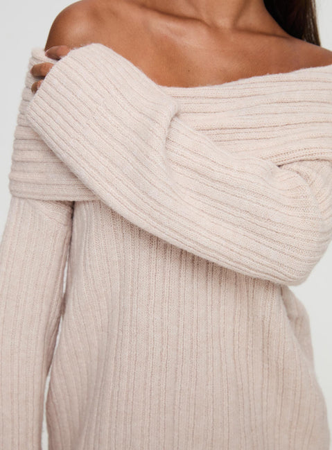 back view of model wearing Princess Polly Mirrelle Off Shoulder Knit Sweater Beige Long 