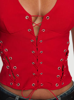 back view of model wearing Princess Polly Come See Me Tie Up Halter Top Red Sleeveless Plunger 