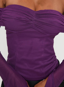 back view of model wearing Princess Polly Wisterea Off Shoulder Long Sleeve Top Plum Full Sleeves Sweetheart 