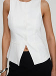 front view of model wearing Princess Polly Theodosia Top White Sleeveless Crew Neck 