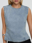 front view of model wearing Princess Polly Countryside Top Classic Denim Sleeveless Crew Neck 