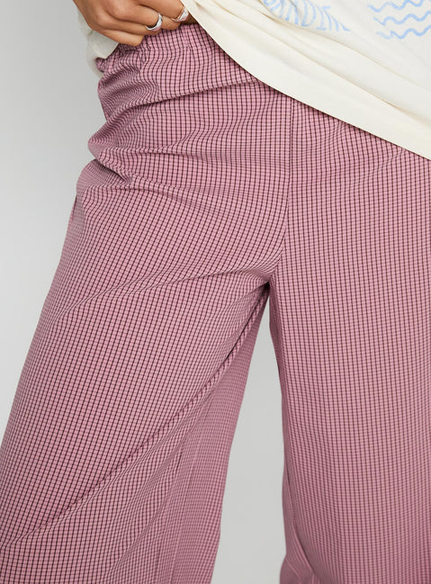 side view of model wearing Princess Polly Jinxie Tie Side Pants Pink Gingham High Waisted Pants 