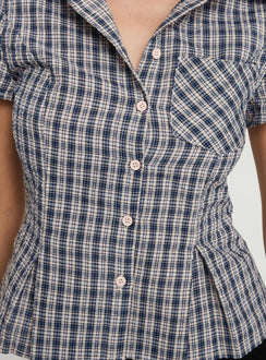 back view of model wearing Princess Polly Alma Mater Top Multi Check Short Sleeves High Neck 