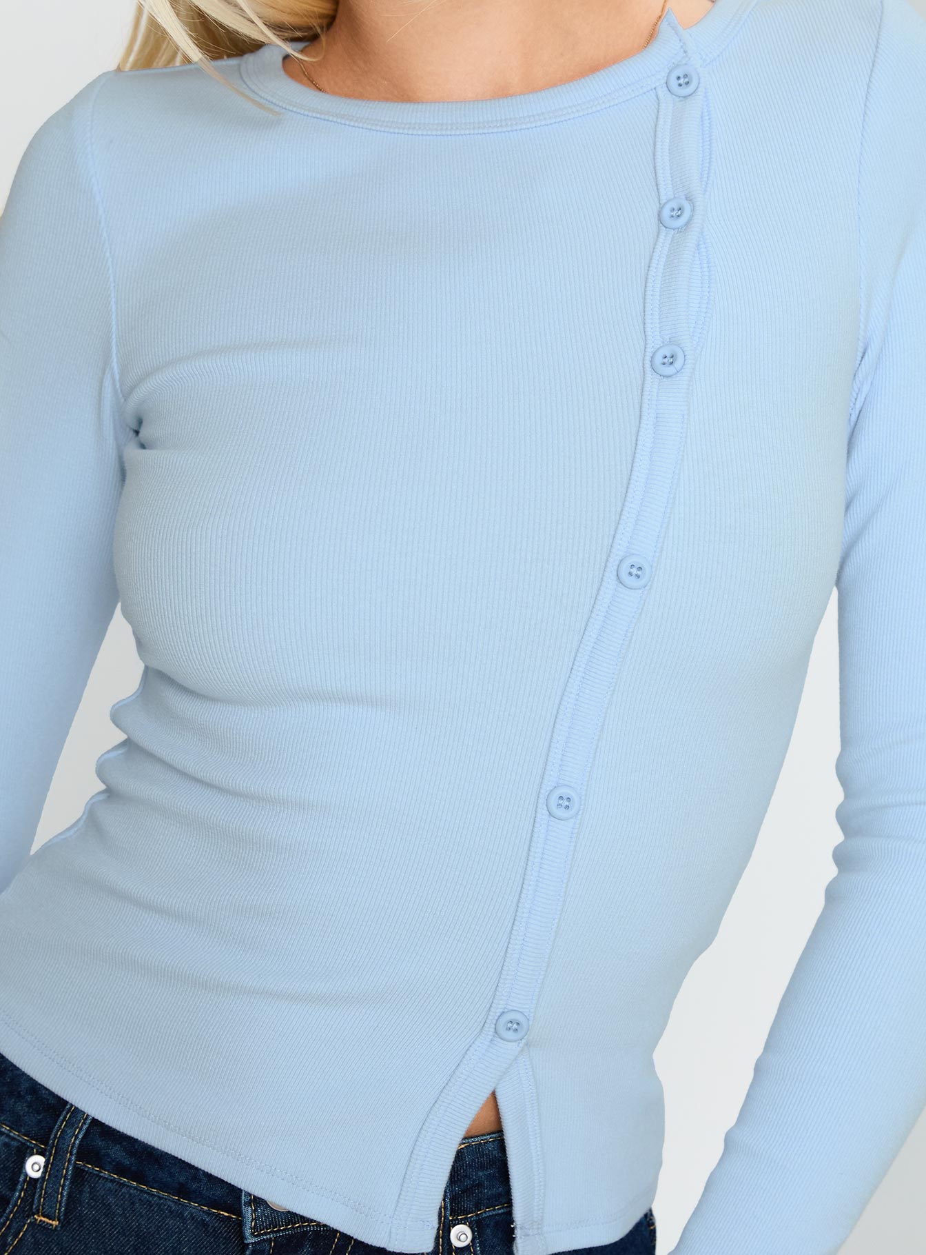 back view of model wearing Princess Polly Passoni Long Sleeve Top Blue Full Sleeves Crew Neck 