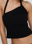 back view of model wearing Princess Polly Glint Asymmetrical Top Black Sleeveless Asymmetric Neckline 