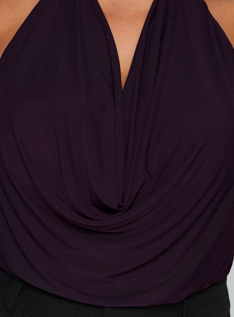 back view of model wearing Princess Polly Carefree Days Cowl Neck Top Purple Curve Sleeveless Cowl 