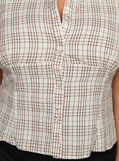 back view of model wearing Princess Polly Cottesloe Blouse Top Brown Check Curve Short Sleeves V-Neck 