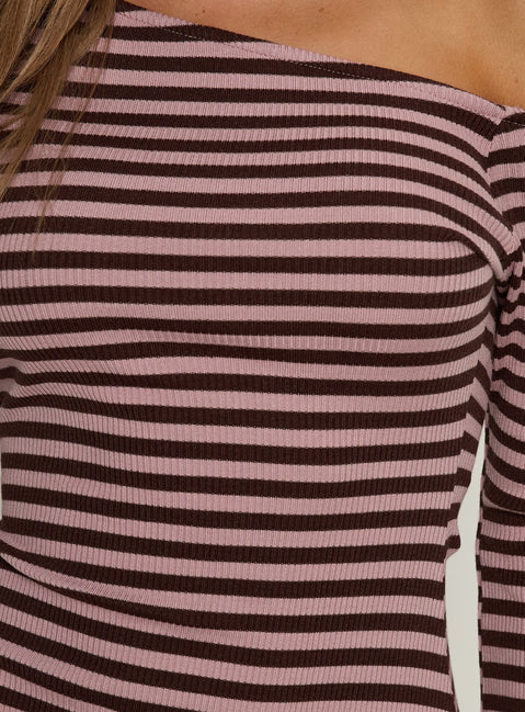 Adrietta Long Sleeve Off Shoulder Mini Dress Chocolate / Pink Stripe