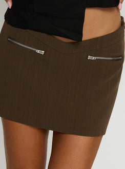 back view of model wearing Princess Polly Jordain V-Waist Mini Skirt Brown Mini Skirts 