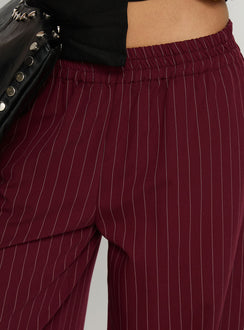 back view of model wearing Princess Polly Jaysa Baggy Wide Leg Pant Burgundy Pinstripe Mid Rise Pants 