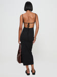 back view of model wearing Princess Polly Elestria Maxi Dress Black Scoop Neck 