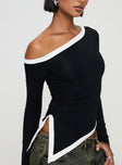 back view of model wearing Princess Polly Fake Smile Long Sleeve Top Black Full Sleeves Asymmetric Neckline 