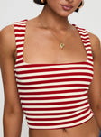 back view of model wearing Princess Polly Back In Time Top Red Stripe Sleeveless Square Neck 