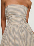 back view of model wearing Princess Polly Quinette Strapless Bubble Hem Mini Dress Beige Stripe Straight Neck 