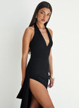 side view of model wearing Princess Polly Guisefene Halter Maxi Dress Black V-Neck 