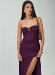 side view of model wearing Princess Polly Barbarella Strapless Maxi Dress Purple Sweetheart Neckline 