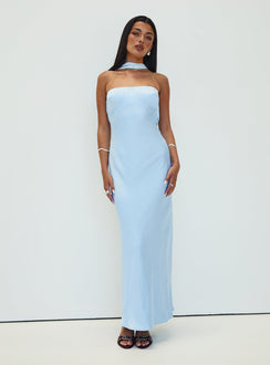 front view of model wearing Princess Polly Legacies Strapless Maxi Dress Icy Blue Straight Neck 