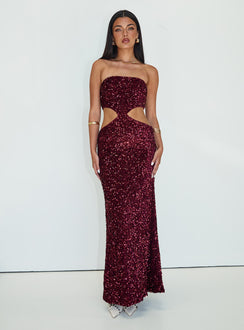 side view of model wearing Princess Polly Regalia Strapless Maxi Dress Burgundy Straight Neck 