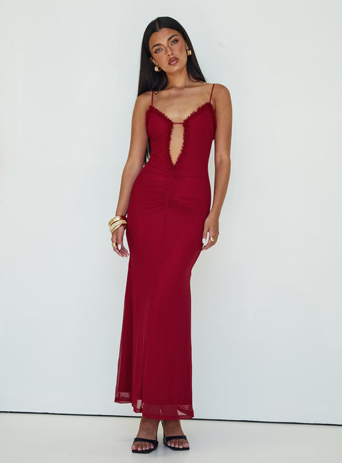 front view of model wearing Princess Polly Capisce Maxi Dress Red Petite Sweetheart Neckline 