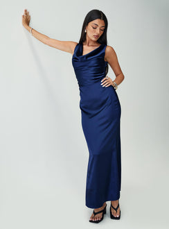front view of model wearing Princess Polly Soprano Plunge Maxi Dress Navy Cowl Neck 