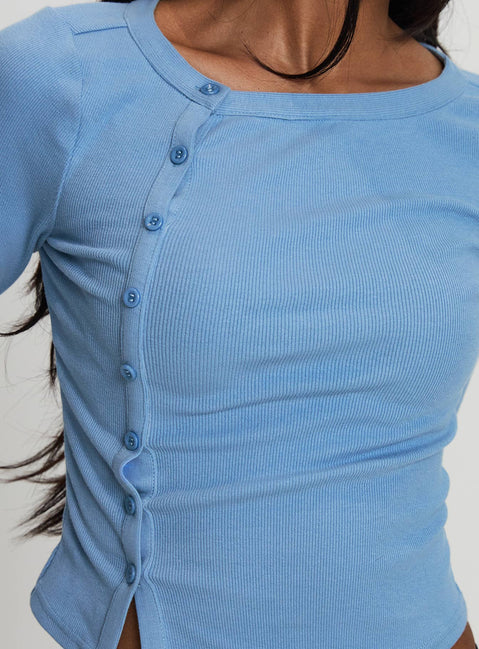 back view of model wearing Princess Polly Baseline Rib Long Sleeve Top Blue Full Sleeves Crew Neck 