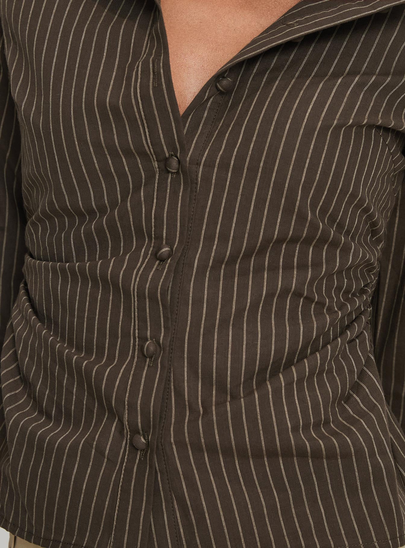 back view of model wearing Princess Polly Held My Hand Long Sleeve Top Brown Stripe Full Sleeves High Neck 