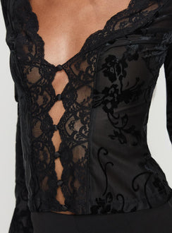 back view of model wearing Princess Polly Find An Angel Long Sleeve Lace Trim Top Black Full Sleeves Plunger 