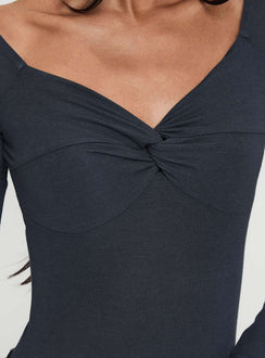 back view of model wearing Princess Polly Heart Mend Long Sleeve Off The Shoulder Bodysuit Blue Long Sleeve Tops 