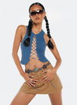 Front view of model wearing  front Princess Polly Sleeveless High Neck  Zazie Tie Up Top Blue