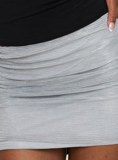 back view of model wearing Princess Polly No Distractions Ruched Mini Skirt Silver Mini Skirts 