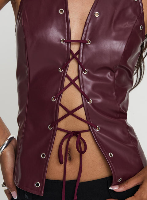 back view of model wearing Princess Polly I've Been There Faux Leather Halter Top Red Sleeveless V-Neck 