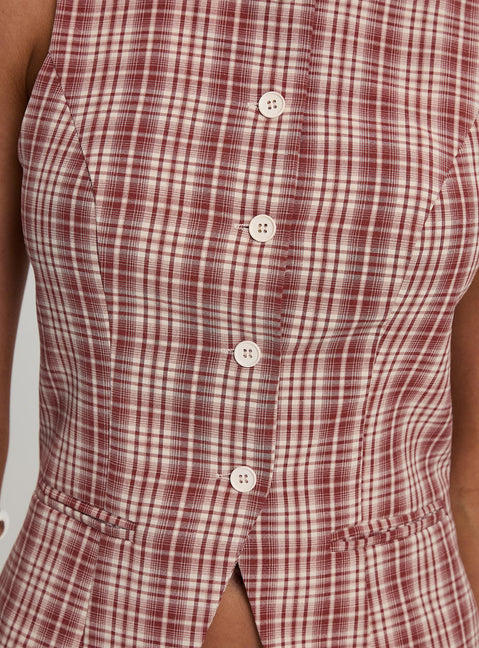 back view of model wearing Princess Polly Theodosia Top Red Check Sleeveless Crew Neck 