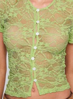back view of model wearing Princess Polly Lindy Button Up Sheer Top Green Short Sleeves Crew Neck 