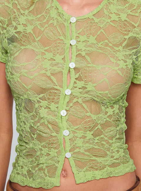 back view of model wearing Princess Polly Lindy Button Up Sheer Top Green Short Sleeves Crew Neck 